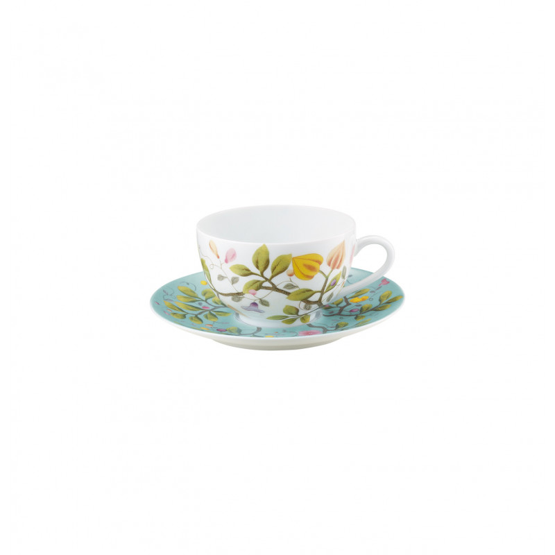 Tea cup white background and saucer turquoise background 6.76 oz with round gift