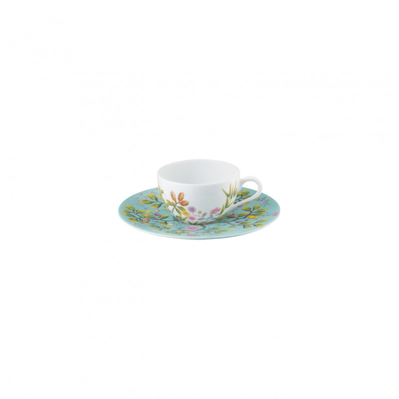Moka cup white background and saucer turquoise background 3.04 oz with round gif
