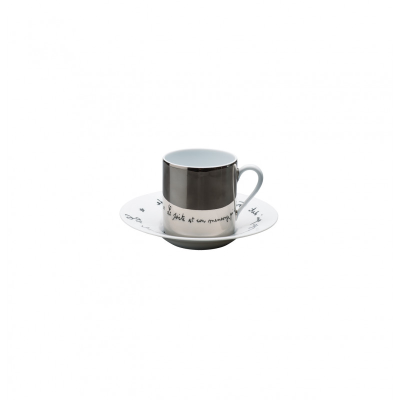 Coffee cup platinum mirror and saucer Le Gabier de Vigie noir 4.4 oz with round 