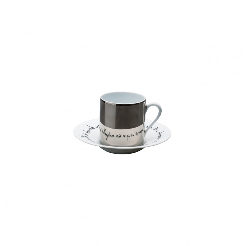 Coffee cup platinum mirror and saucer Protée bleu 4.4 oz with round gift box (13