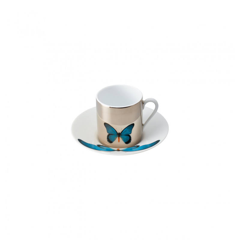 Coffee cup platinum mirror and saucer turquoise butterfly 4.4 oz with round gift