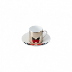 Coffee cup platinum mirror and saucer red butterfly 4.4 oz with round gift box (