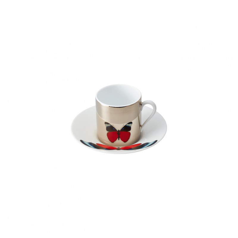 Coffee cup platinum mirror and saucer red butterfly 4.4 oz with round gift box (