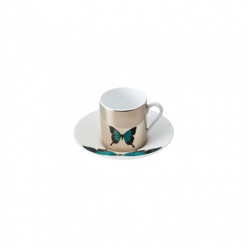 Coffee cup platinum mirror and saucer green butterfly 4.4 oz with round gift box