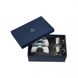 Gift box 2 coffee cups platinum mirror and saucers green butterfly 4.4 oz (13