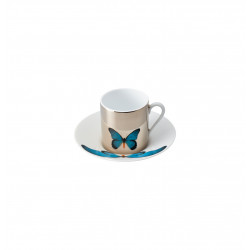 Gift box 2 coffee cups platinum mirror and saucers tuquoise butterfly 4.4 oz (13